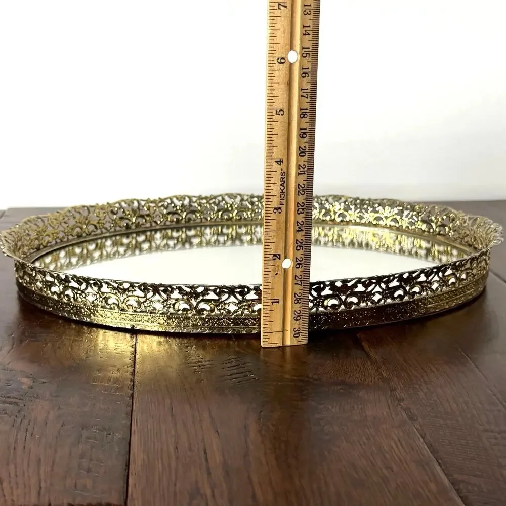 Vintage Gold Tone Filigree Mirrored Vanity Tray 13x10